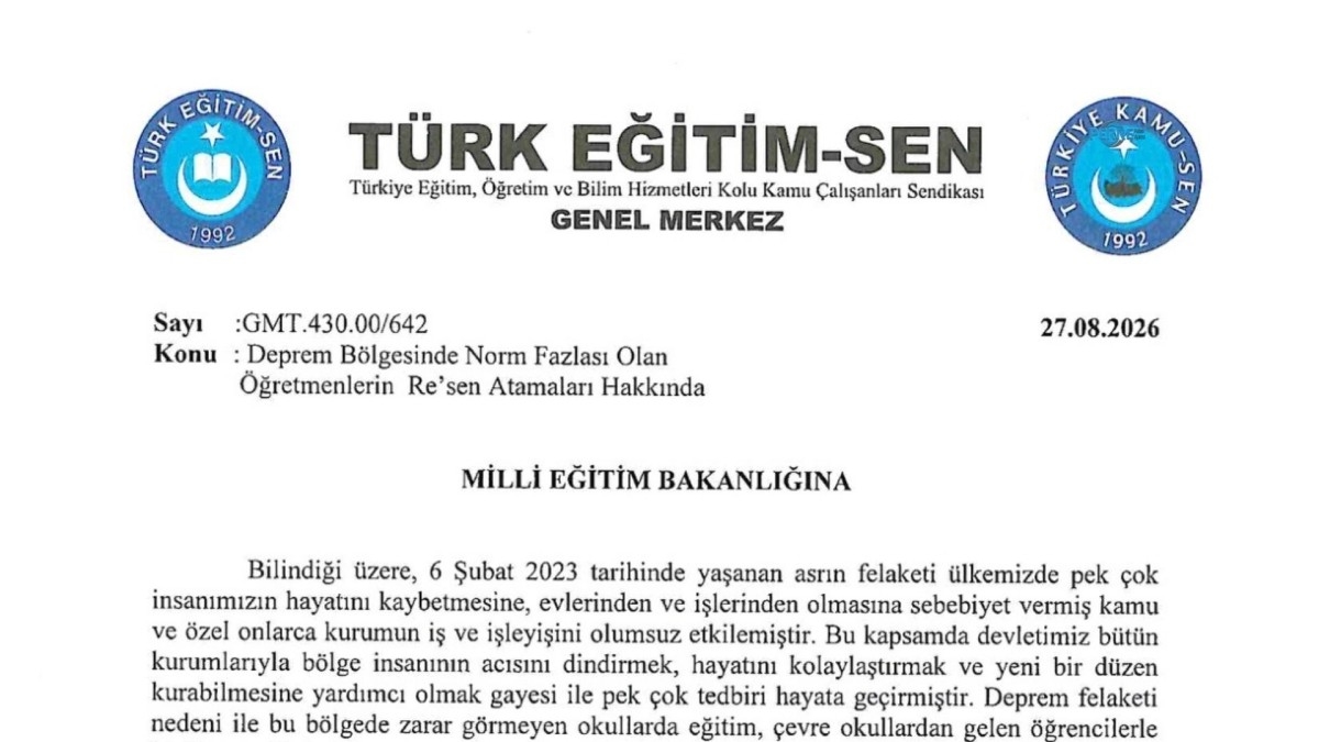 Türk Eğitim-Sen’den MEB’e Deprem Bölgesi Başvurusu